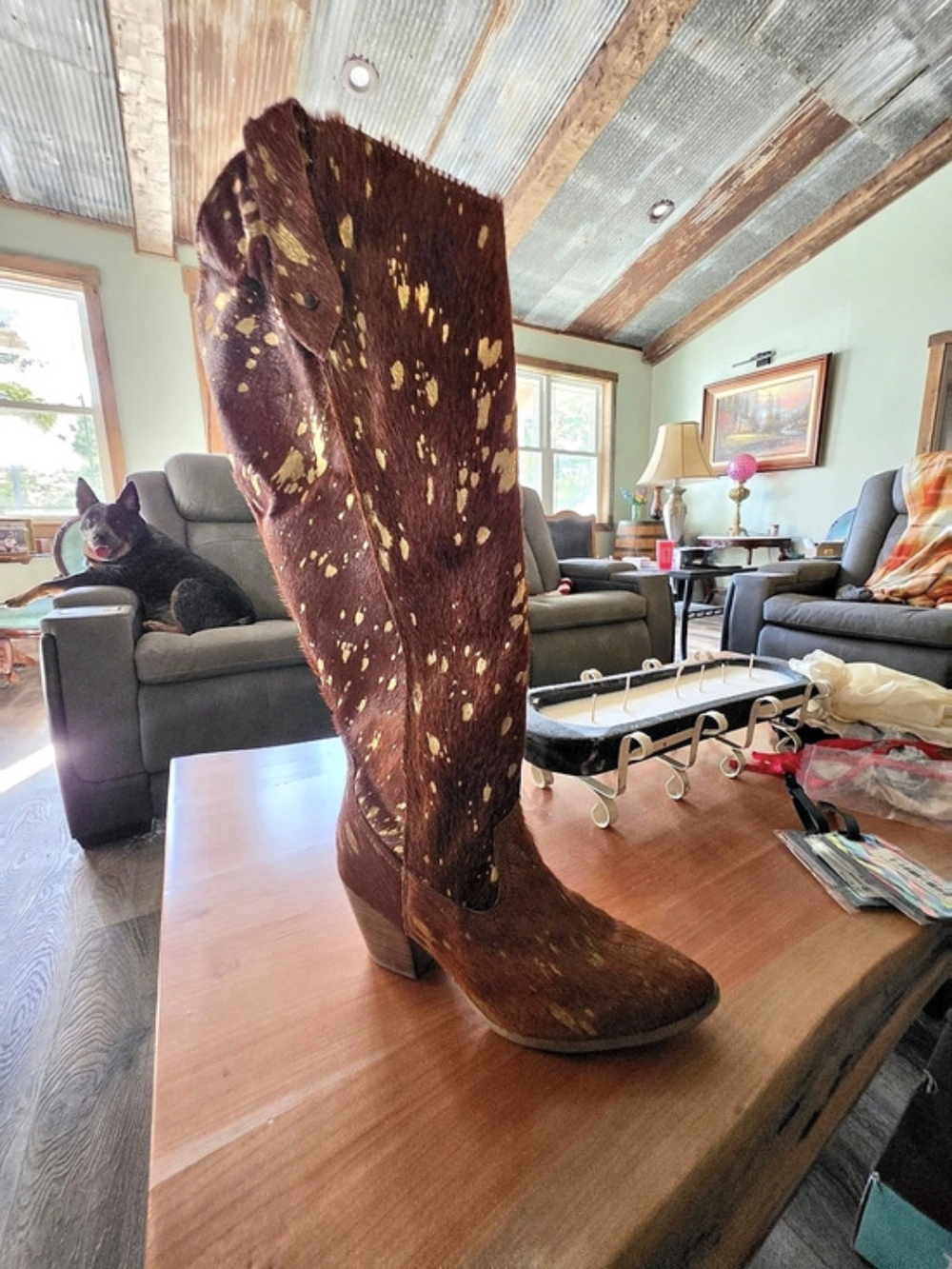 Gold Splatter Cowhair Boot Over-the-Knee Boots